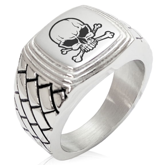 Stainless Steel Pirate Skull & Crossbones Geometric Pattern Step-Down Biker Style Polished Ring