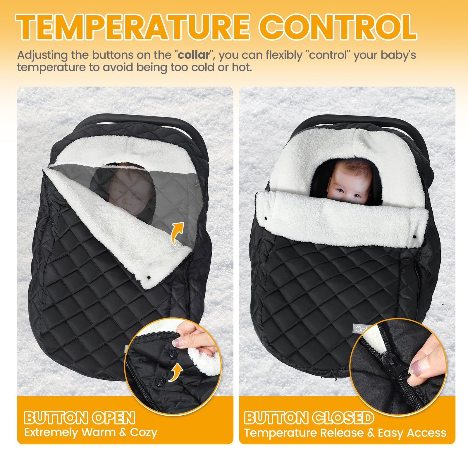 Orzbow Winter Baby Car Seat Cover, Warm Carseat Bunting Bag with Removable Zipper for Baby Boys & Girls, Waterproof Carseat Canopy Cover, Keeps Babies Warm and Cozy in Cold Weather, Black