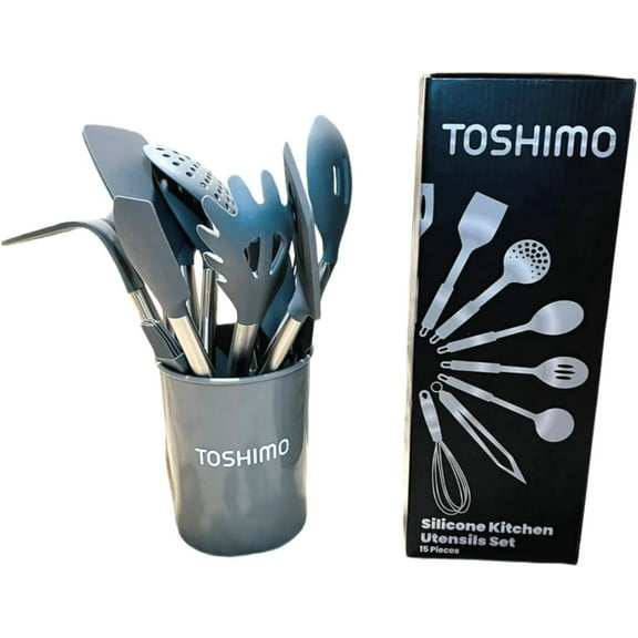 15 Pieces Silicone Kitchen Utensil Set with Holder | Non Slip Stainless Steel Cooking Tool |Spatulas, Spoon, Ladle, Pasta Server, Turner, Tongs, Whisk & More | Heat Resistant 446°F | BPA Free (Gray)