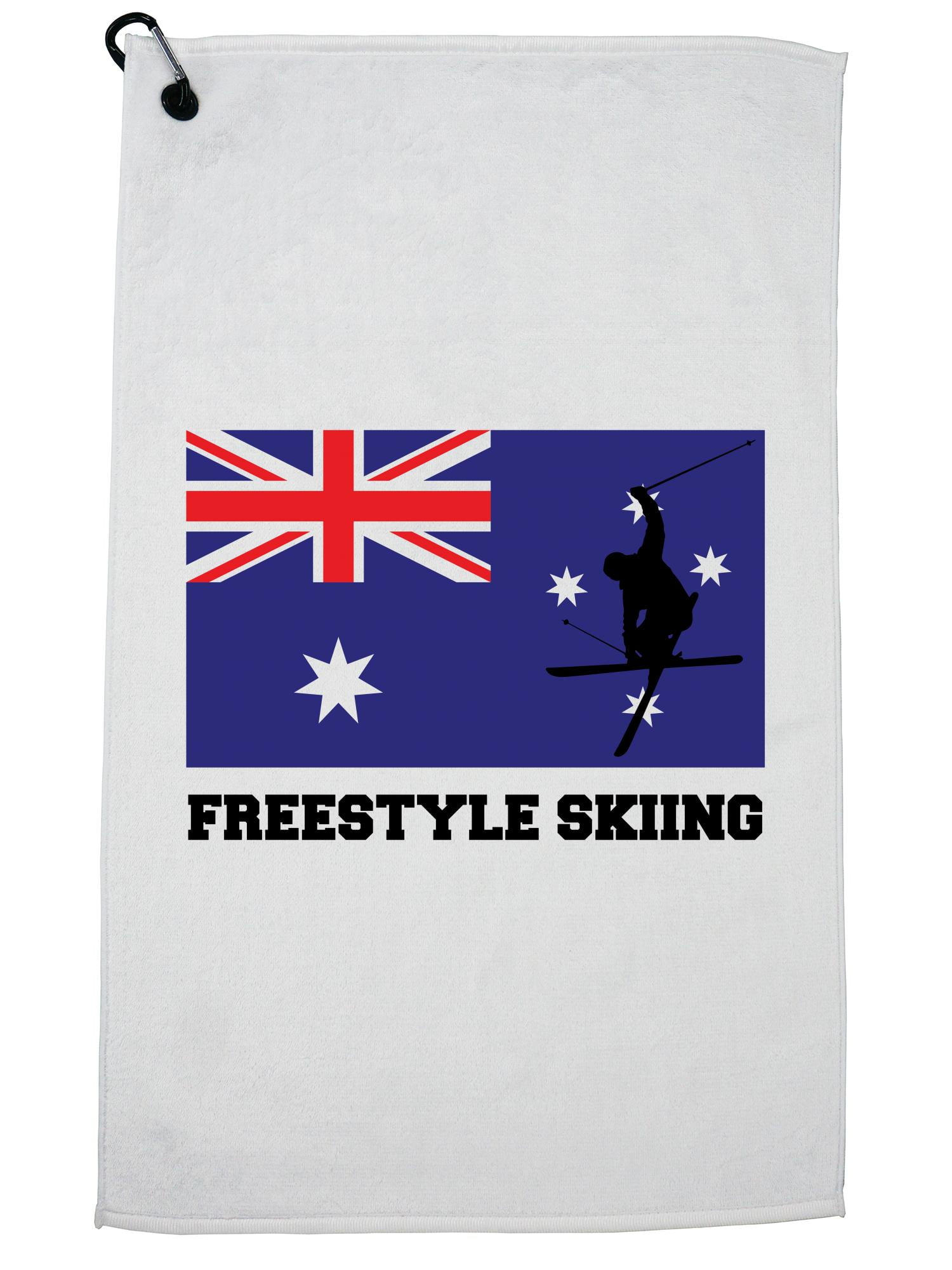 Australia Olympic Freestyle Skiing AUS Flag Silhouette Golf Towel with Carabiner Clip by Hollywood Thread