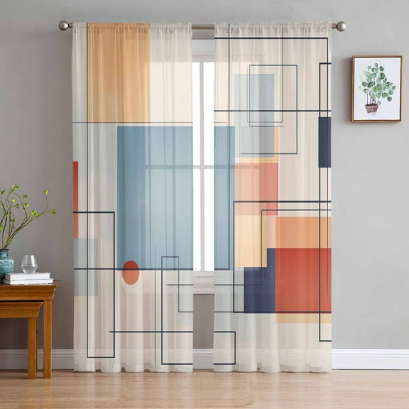 Orange Blue Geometric Semi Sheer Curtains 72 Inch Length 2 Panels Set, Vintage Contemporary Abstract Sheer Kitchen Curtain Privacy Voile Window Curtain for Living Room Bedroom Rod Pocket Drapes