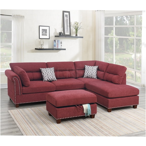 JERFIT Modern Velvet Sectional Sofa Set with Reversible Chaise & Storage Ottoman, Paprika Red Fabric Couch for Living Room