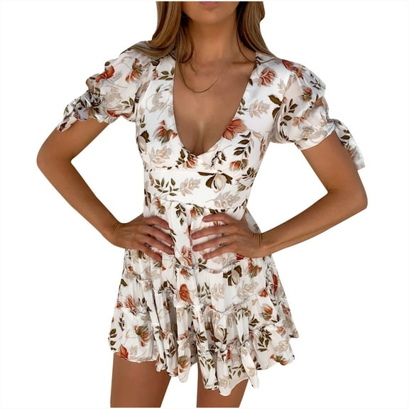 Hvot&aat Women's Sexy Deep V Neck Mini Dress Short Sleeve Beach Sundresses High Waist Floral Print Tiered Swing Dresses
