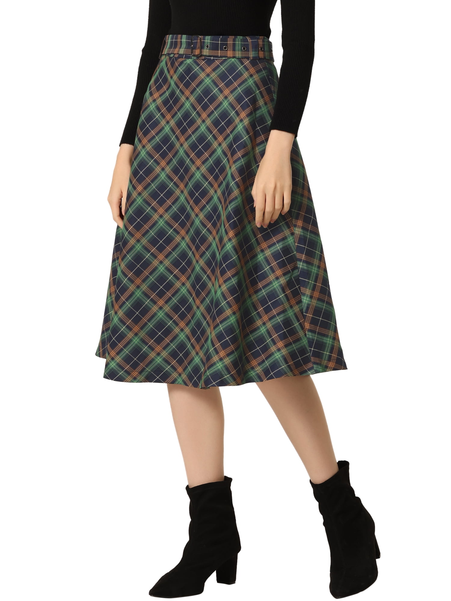 DARING DIVA Women's Plaid Belted Vintage A-Line Midi Skirt S Blue Green