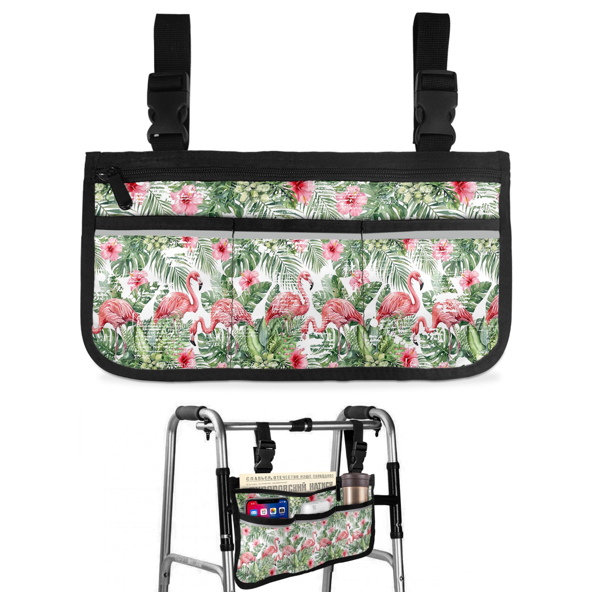 Pink Flamingo Wheelchair Side Bag with Cup Holder, Tropical Leaf Palms Banana Leaves Jungle Floral Wheelchair Armrest Bag Storage Pouch Adults, Seniors for Walkers, Rollator, Scooter