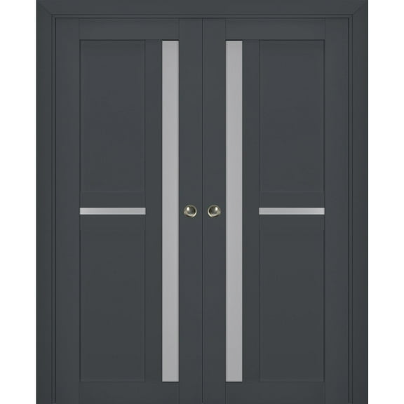 Sliding French Double Pocket Doors with Frosted Glass | Veregio 7288 Antracite | Kit Trims Rail Hardware | Solid Wood Interior Bedroom Sturdy Doors-36" x 84" (2* 18x84)