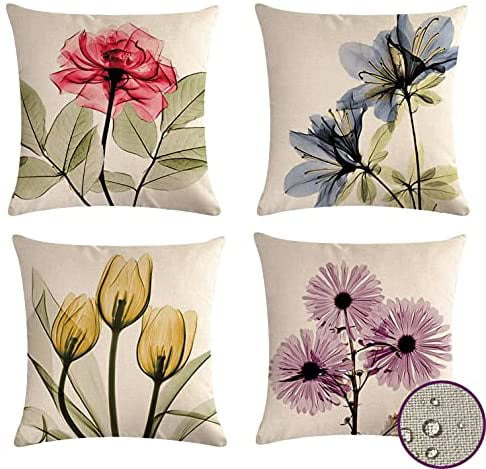 Outdoor Pillow Covers Waterproof 18x18 Set of 4 Floral Decorative Throw Pillow C 