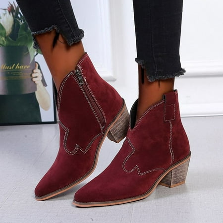 

Tuscom Women s Low-heeled Ankle Boots Women Casual Solid Color Shoes Thick Heel Pointed Head Boots Side Zipper Boots