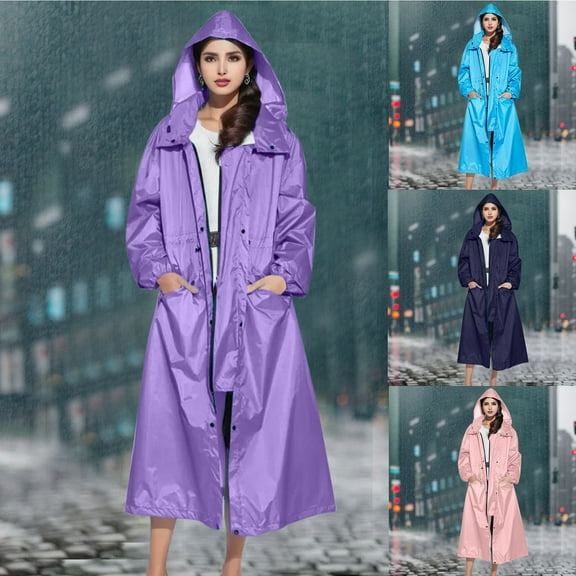 Rain Coat Womens with Hood Lightweight Windbreaker Zip Drawstring Raincoat with Pockets Blue Panchos Rain L