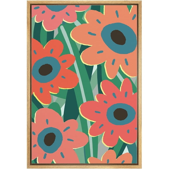 IDEA4WALL Framed Canvas Wall Art Pink Daisy Collage Floral Modern Art Nordic Pastel Flowers Abstract Print Botanical Illustrations Relax/Calm for Living Room, Bedroom, Office - Natural 24"x36"