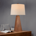 thumbnail image 3 of 29'' Tall Wood Table Lamp With Beige Linen Shade, Mid Century Modern Walnut Desk Lamp, E26 Socket, Pyramid-Inspired Aesthetic Rustic Nightstand Lamp For Living Room, Bedside, Bedroom, Home Office, 3 of 9
