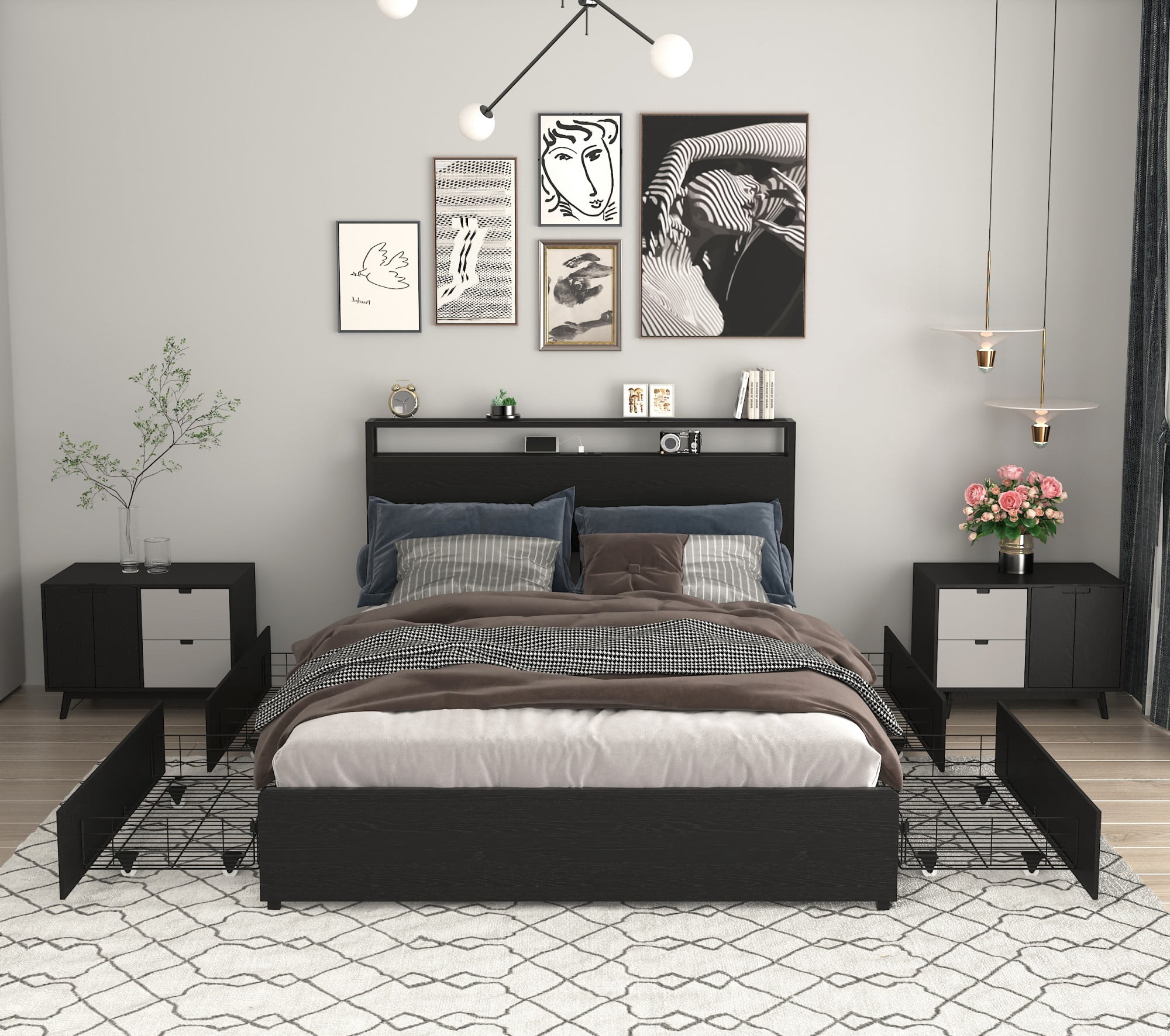 AENKYO Full Size Bed Frame with LED Lights, Storage Headboard & 4 Drawers, Built-in Charging Station, Antique Black