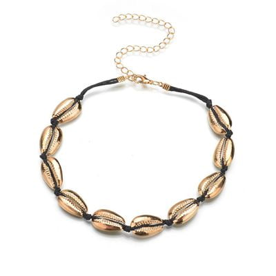 Charm Gold Pewter Choker Necklace TURNTABLE LAB Shell Choker Necklace for Women Seashell Necklace Statement Adjustable Sea Shell Pendant Cord Bib Collar Necklace Bracelets Set Hawaiian Jewelr ()