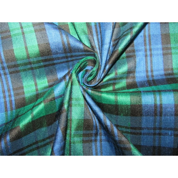 100% silk dupion green blue Scottish Plaids fabric 54quot; wide