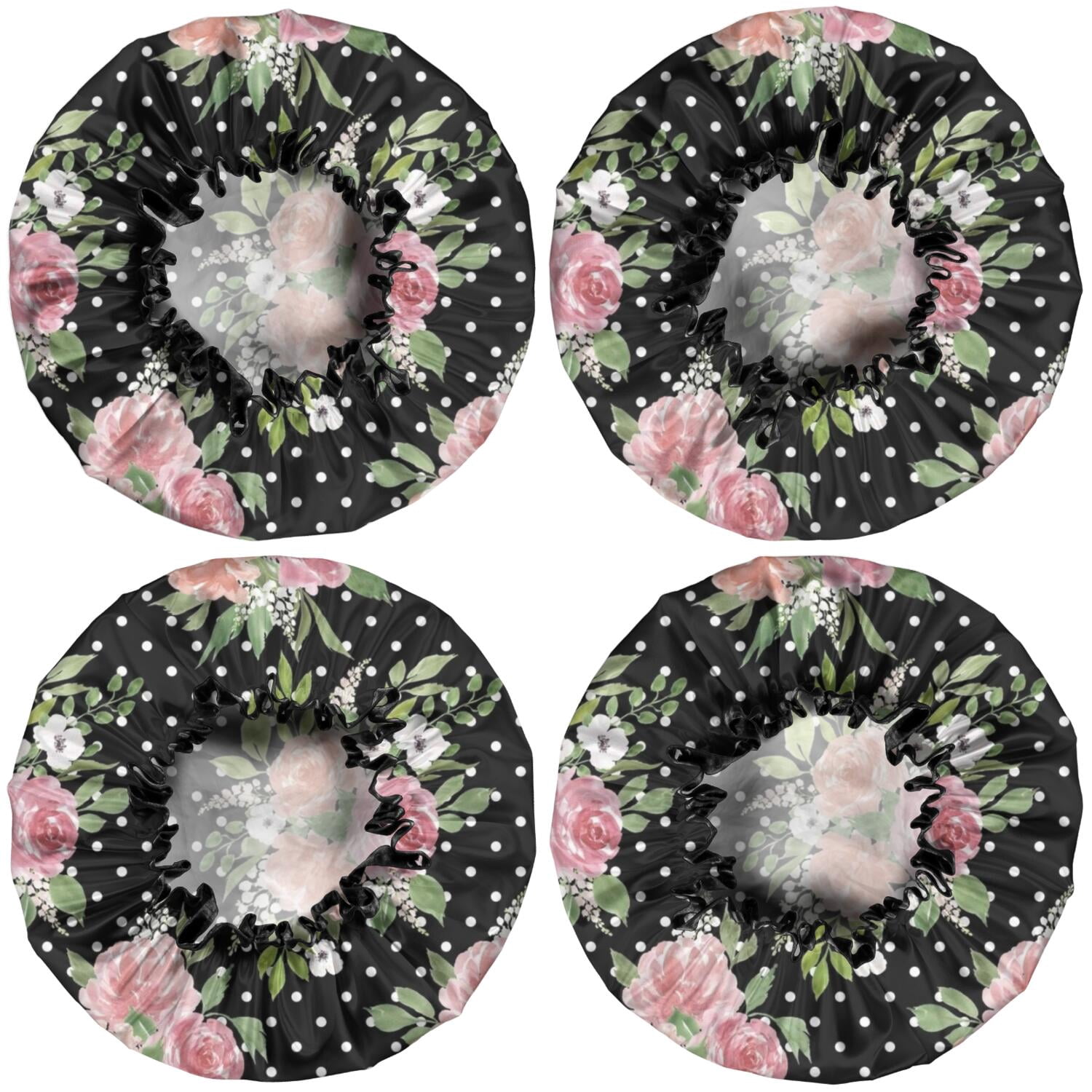Shower Caps,Pioneer Flower Floral Print Pattern Waterproof Shower Cap for Women 4 Pieces,Double Reusable Hair Cover for Shower PEVA Elastic Stretch Hem