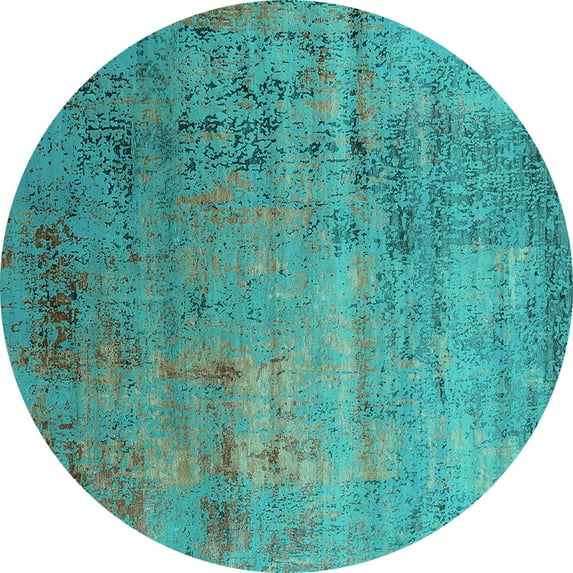 Ahgly Company Machine Washable Indoor Round Oriental Turquoise Blue Industrial Area Rugs, 3' Round