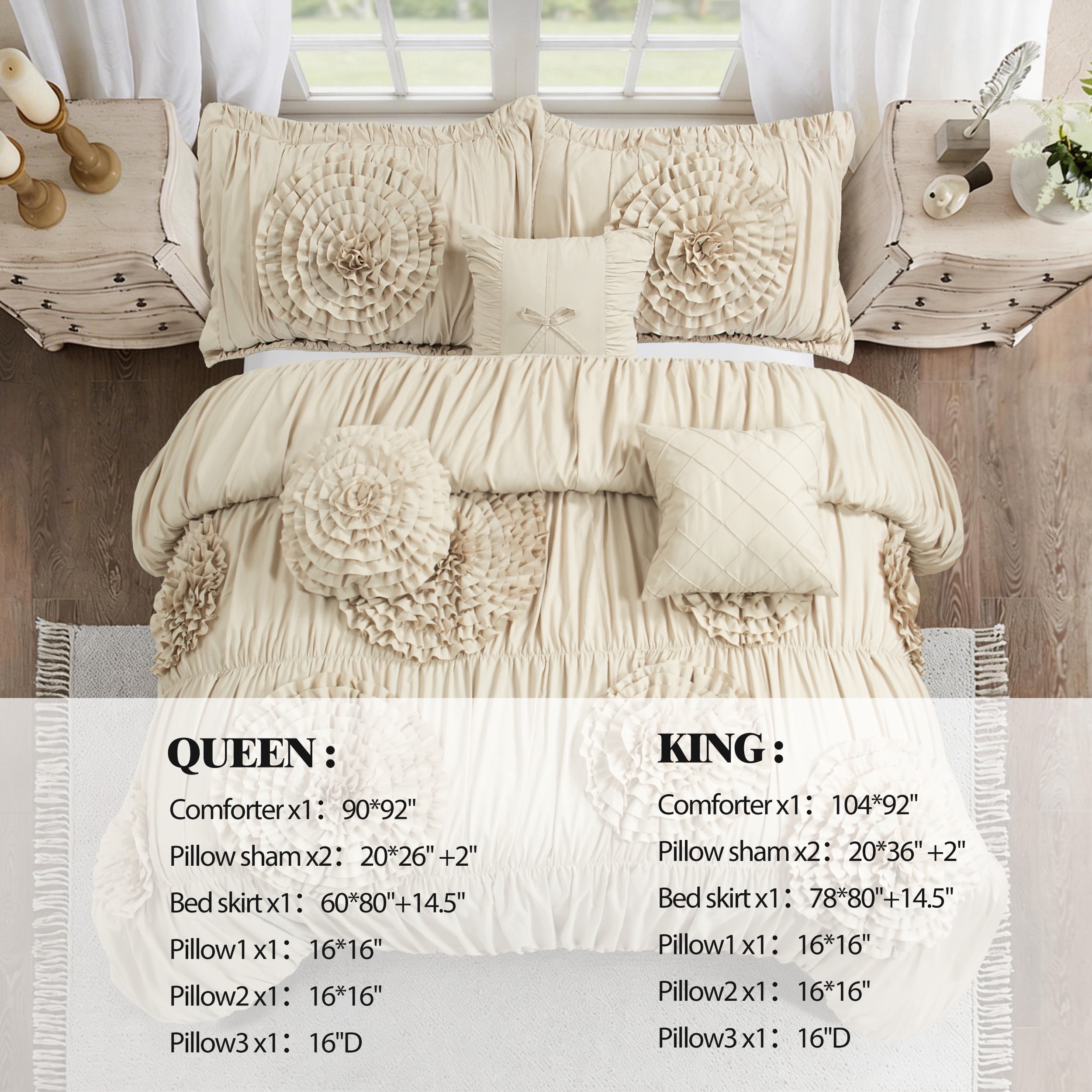 7pc Camel Queen Floral Ruffled Comforter Set with 3D Appliqué