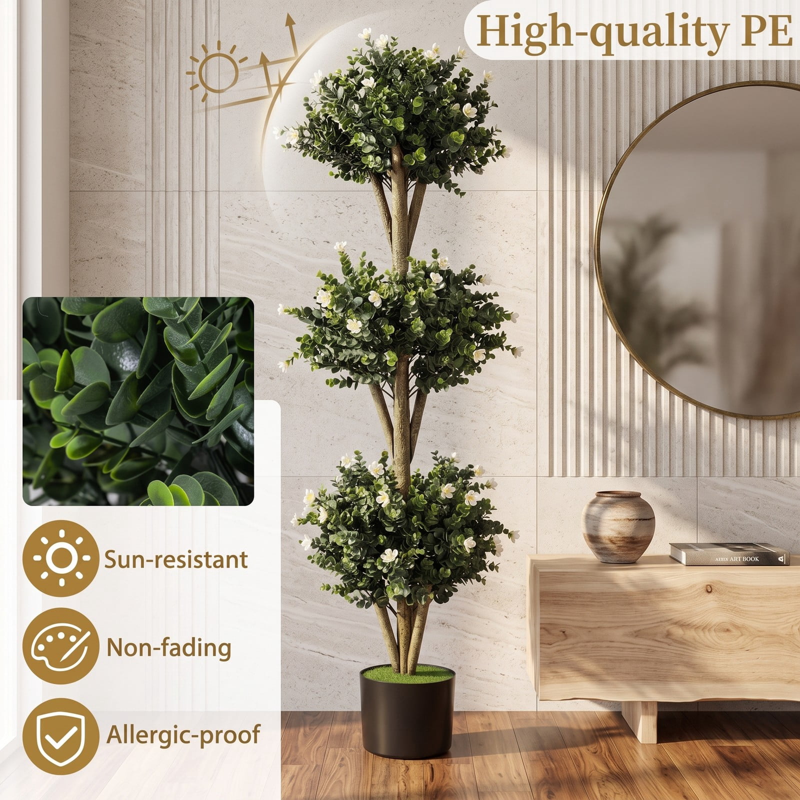 Fenbeli 51 Inch Artificial Triple Ball Boxwood Topiary Tree with 59 White Blossoms, Faux Potted Boxwood Plant with Cement-Filled Pot for Indoor Outdoor Front, White