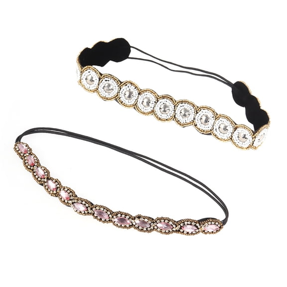 Yardwe 2Pcs Elastic Crystal Beaded Hairbands Rhinestone Headband Stylish Assorted Colors