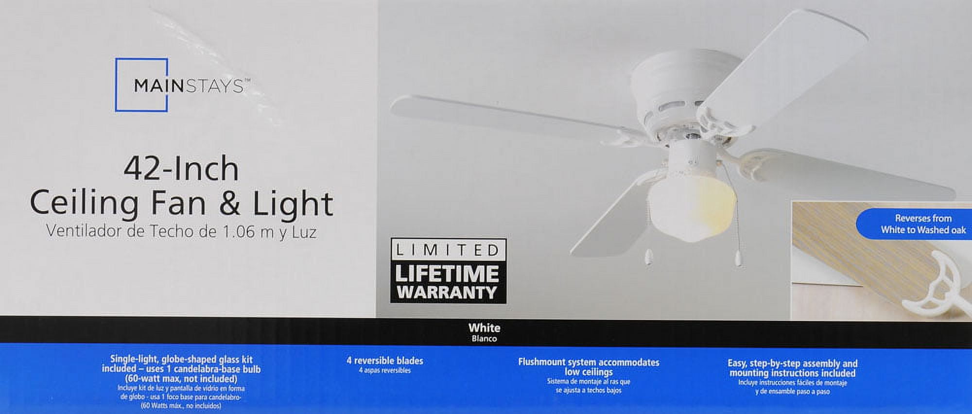Mainstays 42" White Incandescent Flushmount Hugger Ceiling Fan with Glass Kit