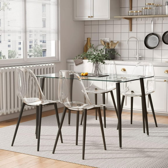 KATBOC 5-Piece Modern Dining Table and Chairs Set, 51in Glass Top with Transparent Chairs & Metal Legs for Kitchen Dining Room, Black