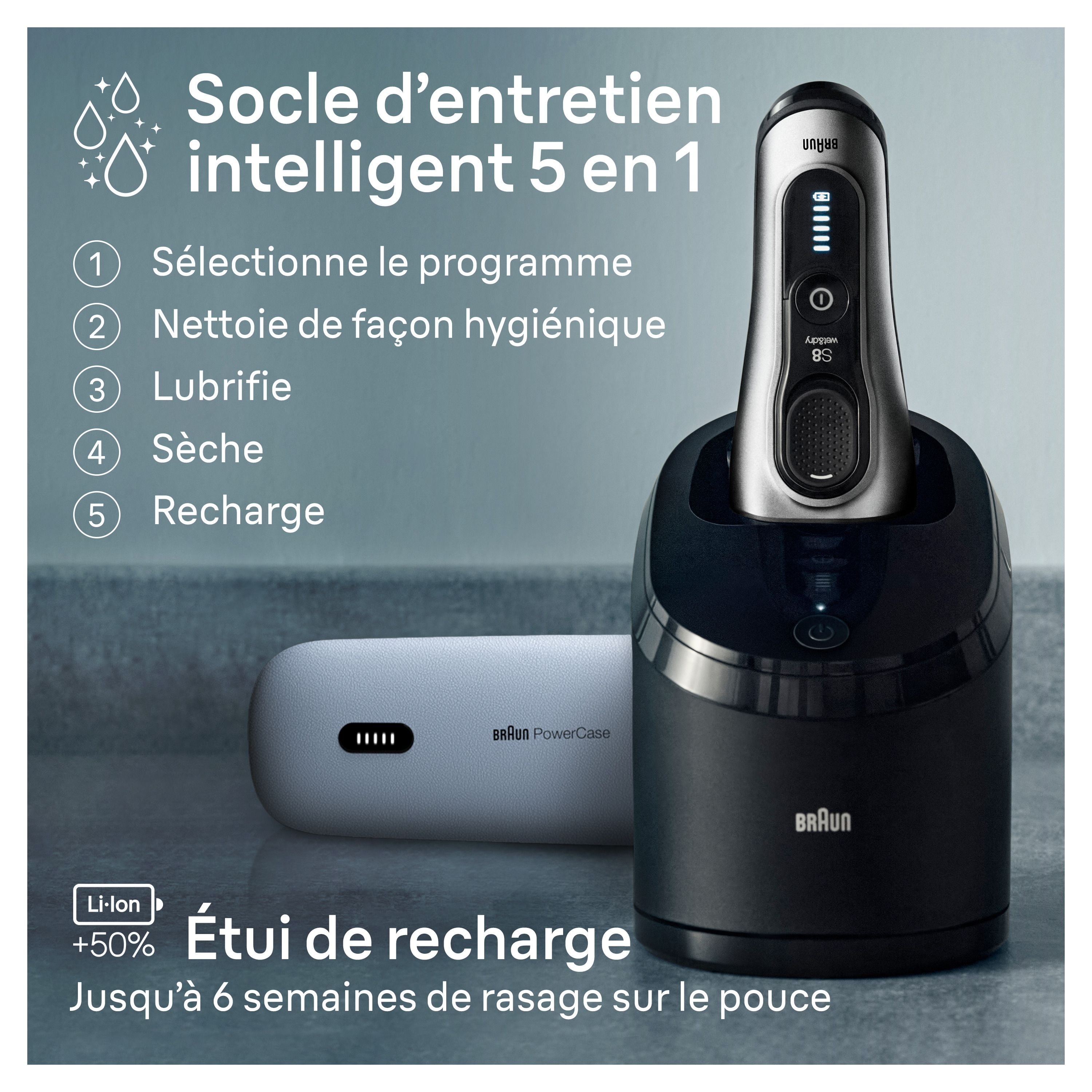 Rasoir électrique Braun Series 8, 4+1 éléments & tondeuse de précision pour poils longs, centre SmartCare 5 en 1, de près & en douceur même sur les barbes denses, étui pour chargement mobile, peau sèc