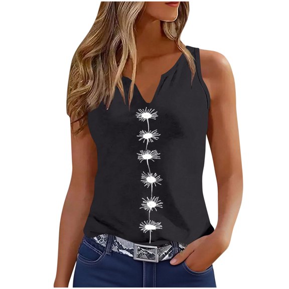 Levmjia Women's Sleeveless V Neck Tank Top Floral Print Casual Loose Fit Summer Top Solid Color A Line Blouse for Daily Wear