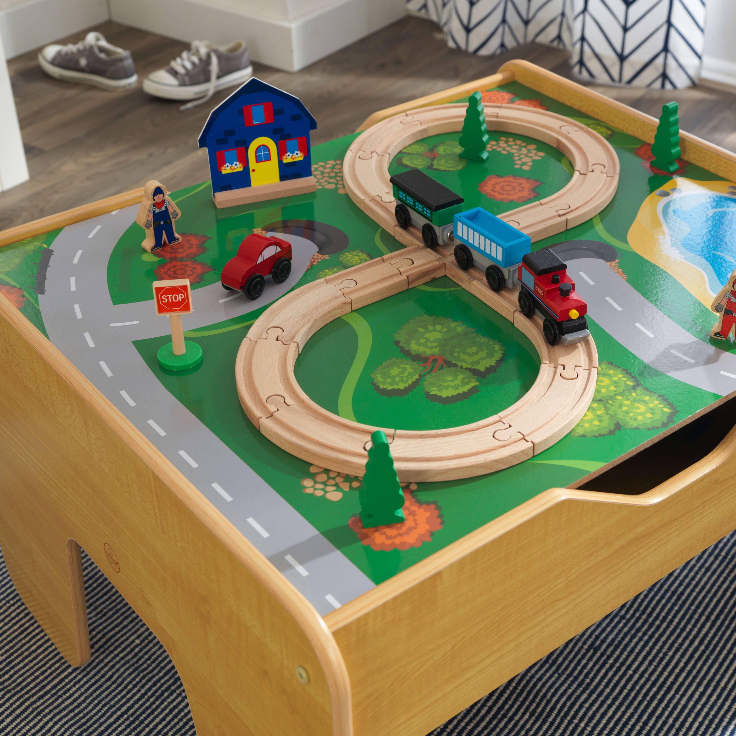 KidKraft Reversible Wooden Activity Table with Board and Train Set, Natural, for Ages 3+ Years - image 7 of 11