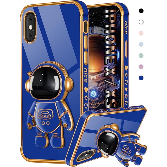 for iPhone X/iPhone Xs Case Astronaut Cute for Women Girls Girly Unique Royal Blue Phone Cases with Astronaut Hidden Stand Kickstand 6D Design Cover for iPhone X/XS 5.8 inch