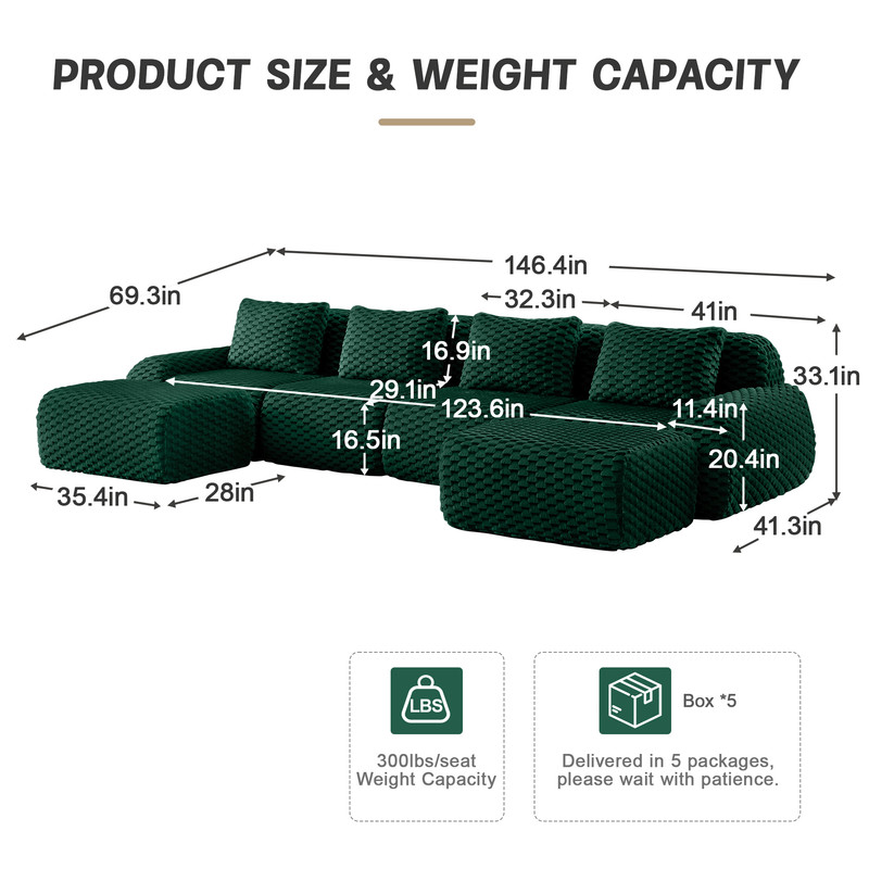 146" Modern U-Shaped Modular Sectional Sofa for Living Room,Flannelette Fabric,Oversized 4-Seater Couch,boneless sofa ,Movable Ottoman,Buckle connection,Anti-slip Design,No Assembly,Green
