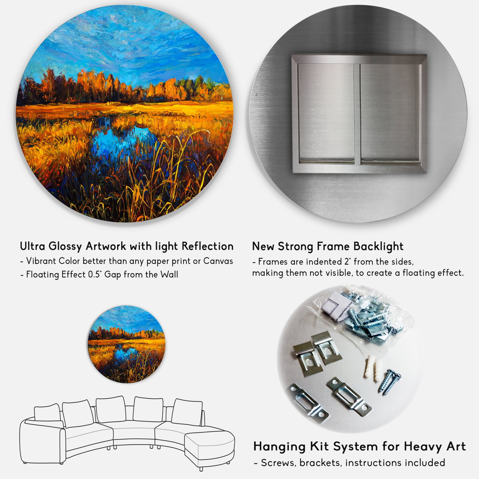 Designart 'A Light Blue Sky Over Orange Meadows' Traditional Circle Metal Wall Art 11x11 - Disc of 11