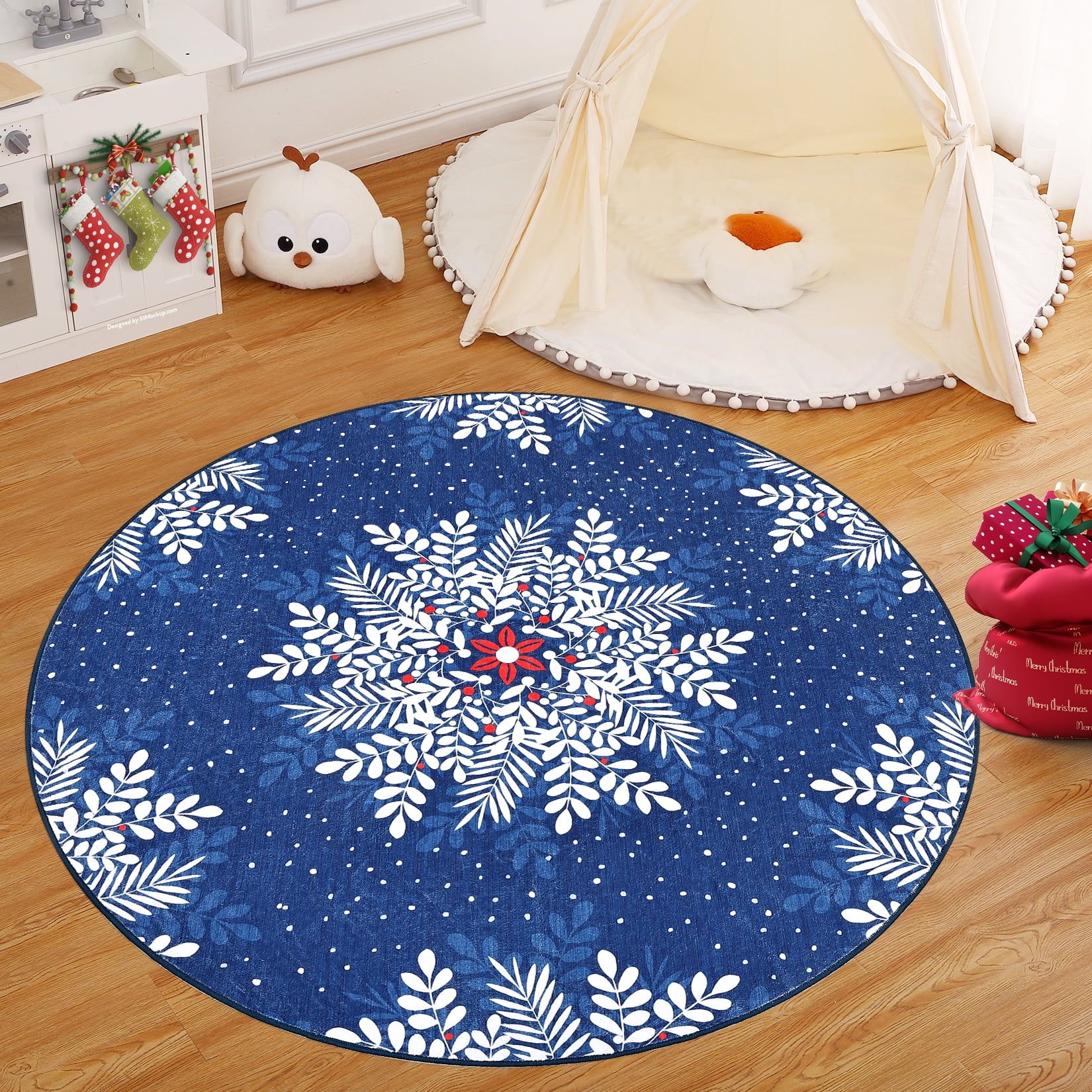 Christmas Area Rug, Non-Slip Washable Snowflake Living Room Rug, Soft Low Pile Rug Holiday Decor Xmas Floor Carpet for Living Room, Bedroom