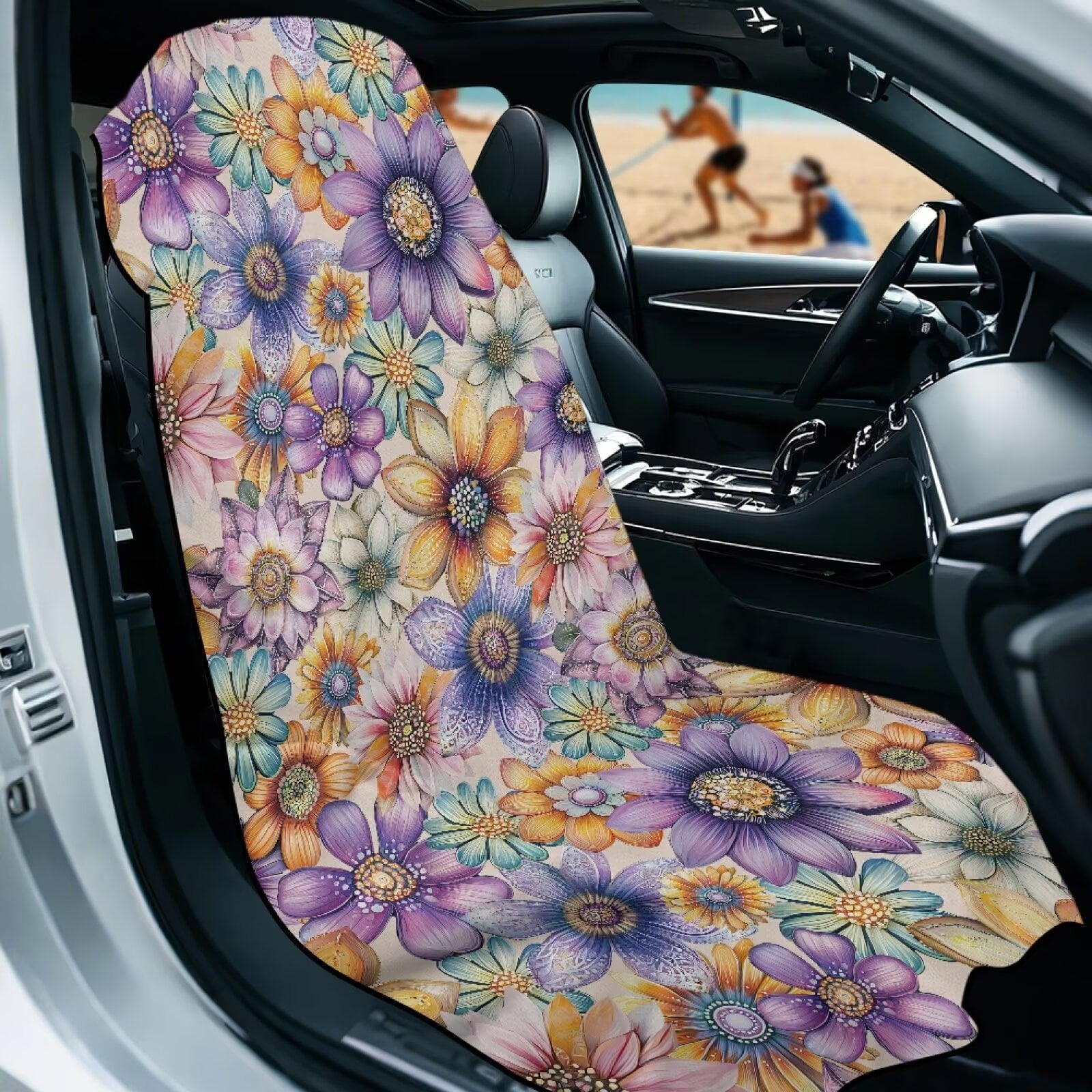 Binienty Boho Floral Beach Towel Car Seat Covers Front Seats Non-Slip Breathable Sweat Towel Car Seat Cover For Post Gym Workout Surfing Swimming Running Yoga Blankets