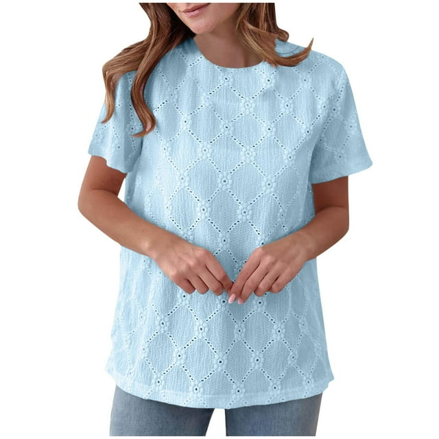 Liquidation! Hauts Grande Taille pour Femmes, Blouse à Manches Courtes d'Été pour Femmes, Haut Décontracté Uni à Col Rond et Manches Courtes pour Femmes