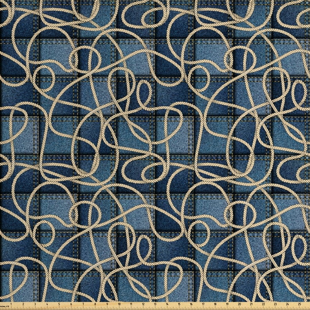 Nautical Fabric By The Yard Upholstery Various Patches Of Denim In Sea With Sailor Knot Rope On Foreground Image Art Print Decorative For Diy And Home Accents Blue Ambesonne Denim In Sea With Sailor Knot Rope, Nautical Indoor Outdoor Fabric