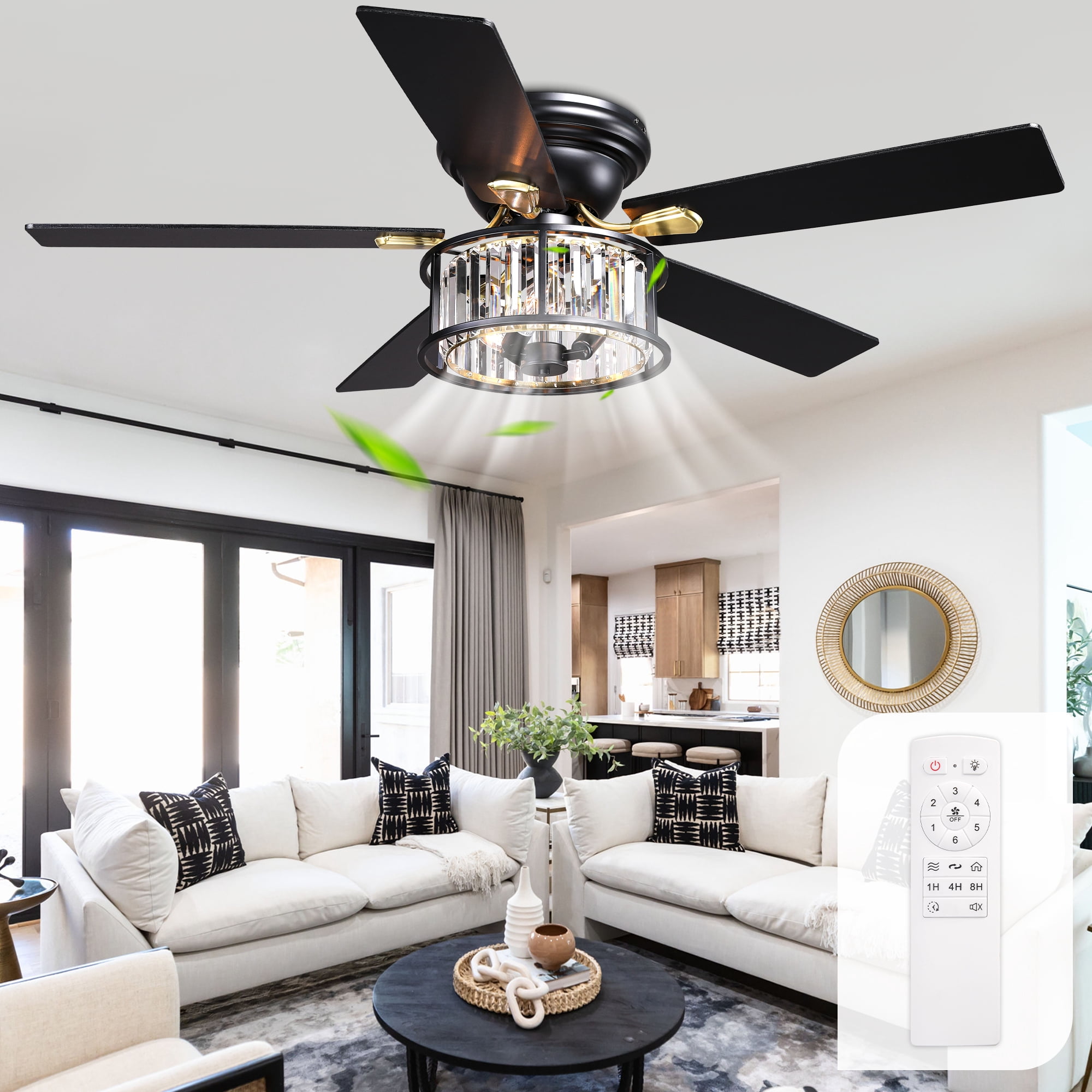 Chords Attic 52" Black Crystal Flush Mount Ceiling Fan with Light and Remote Control, Low Profile Fandelier Ceiling Fan with 6-Speed DC Motor for Living Room, Bedroom