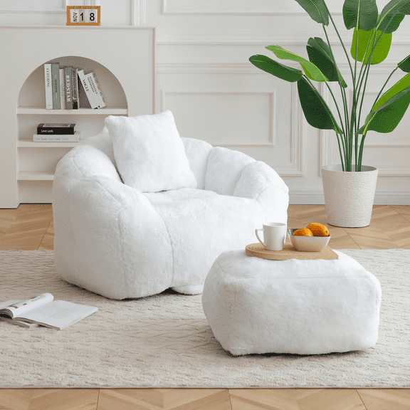Lovableguy Oversized Bean Bag Chair for Adults and Kids,Shell-Shaped Fluffy Faux Fur Lazy Floor Sofa with Foot Stool for Living Room,Dorm,White