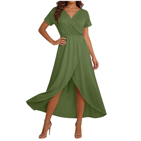 JSheng Summer Dresses for Women Trendy Solid Color Elegant V-Neck Short-Sleeve Maxi Dress With High Slit Army Green L