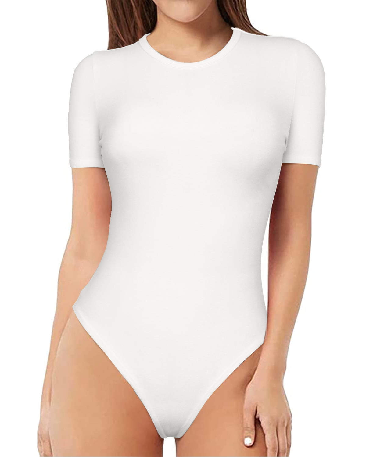 Haite Ladies Solid Color Short Sleeve Shirt Soft Square Neck Bodysuit Beach  Leotard Basic Romper White 2XL 
