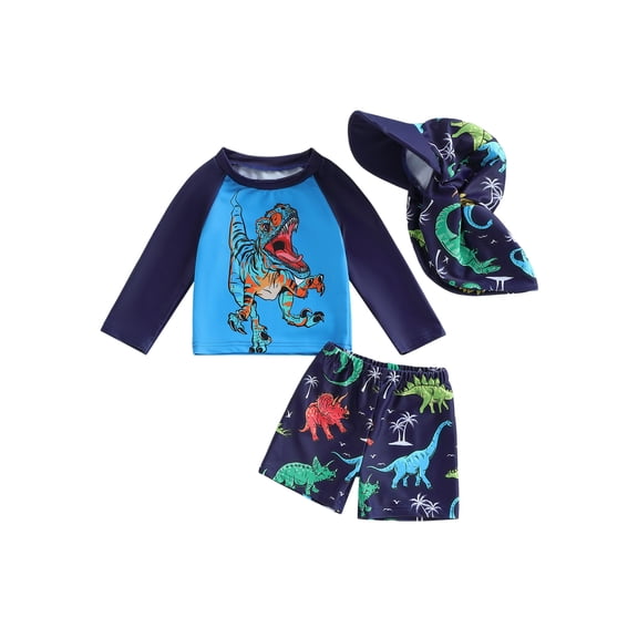 BemeyourBBs Toddlers Baby Boys 3 Piece Swimsuit Infant Bathing Suit Swim Shirt Trunk Shorts Set and Sun Hat Long Sleeve Dinosaur Swimwear Sunsuit UPF 50 Rash Guard