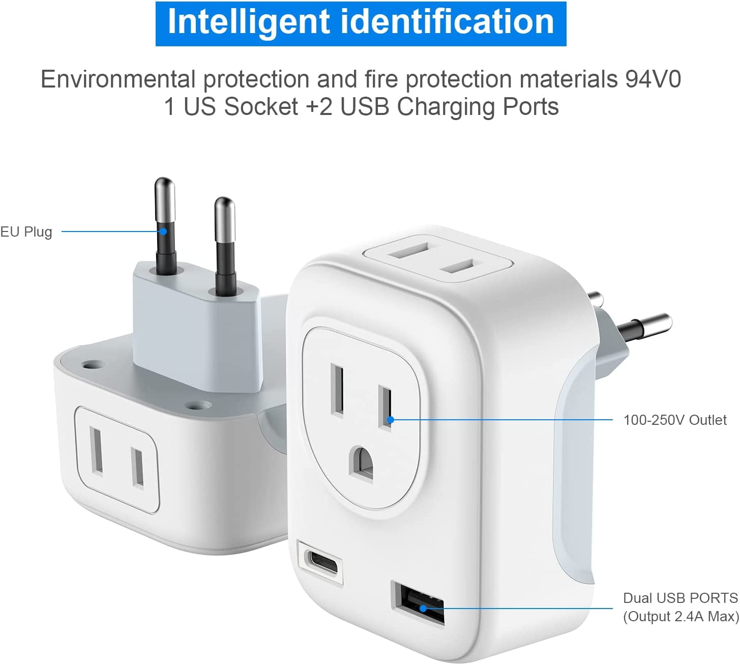 Juyafio Converter Plug Universal Adapter, 4 in 1 European Power Plug Adapter, 0.2lb US to Europe Plug Adapter, International Plug Adapter and Converter, Power Converter for International Travel