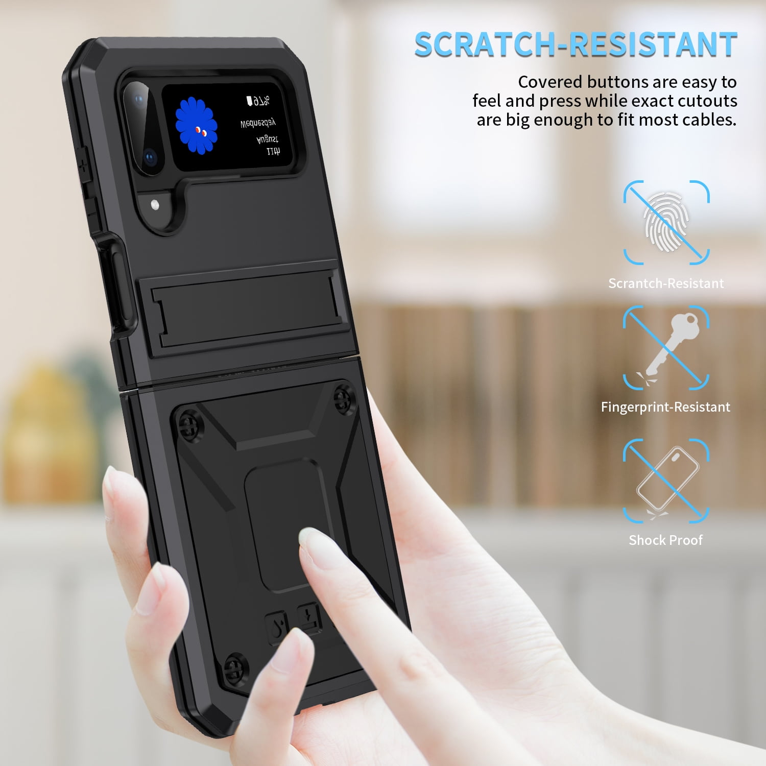 ELEHOLD for Samsung Galaxy Z Flip 4/3 6.7" Case, Heavy Duty Armor Built-in Explosion-Proof Tempered Glass Screen Protector Wireless Charging Hang Rope Hidden Kickstand Shockproof Rugged Case,Black