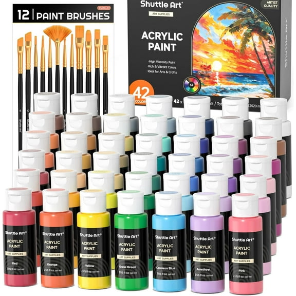 Shuttle Art Acrylic Paint, 42 Colors Acrylic Paint Set with 12 Paint Brushes, 2oz/60ml Bottles, Rich Pigmented, Water Proof, Premium Paints for Artists, Beginners