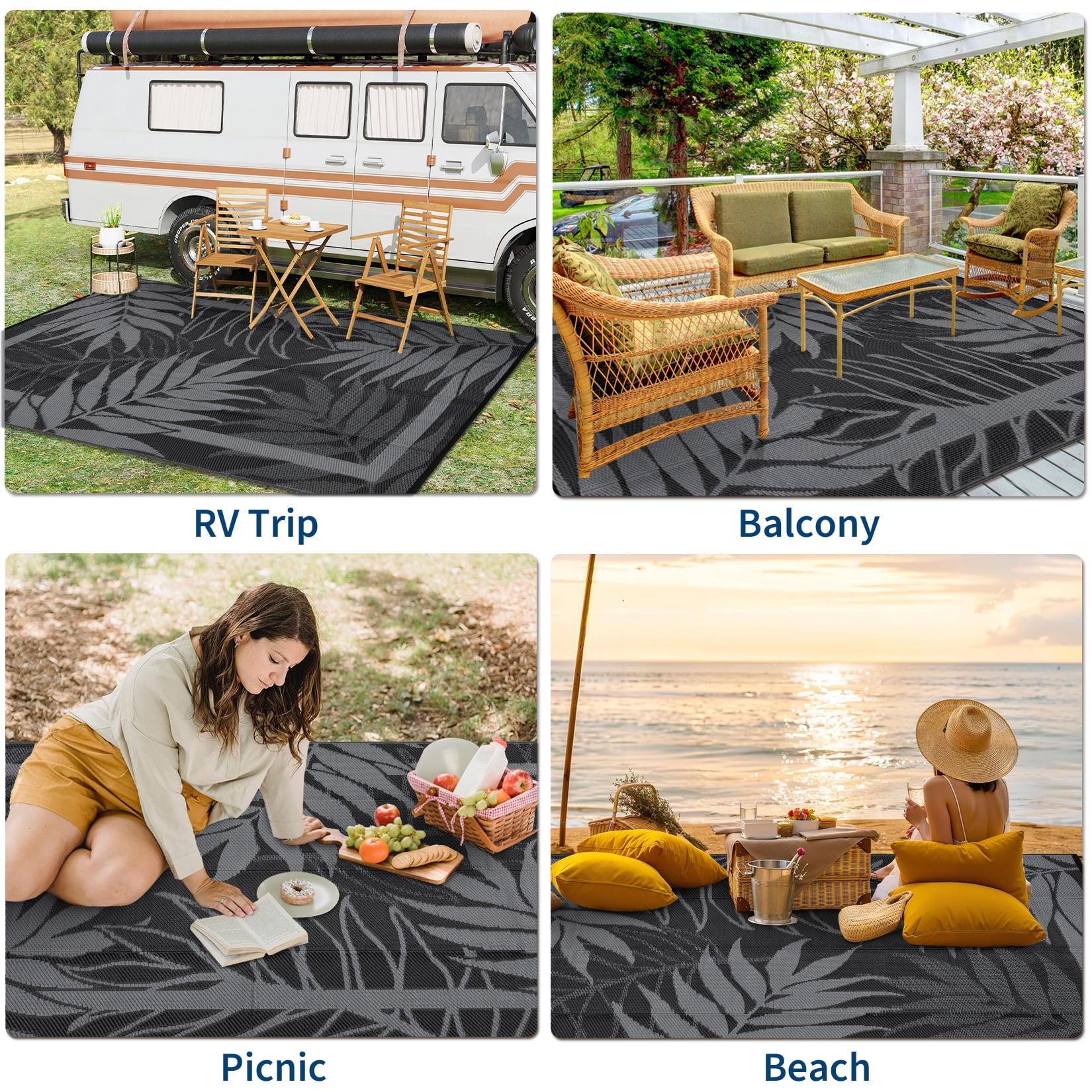 Nanan 9'x18' Outdoor Rug, Modern Leaf Print Waterproof Patio Rug, Outdoor Reversible Plastic Straw Rug for Camping, Deck, Bench, Picnic, RV, Black White