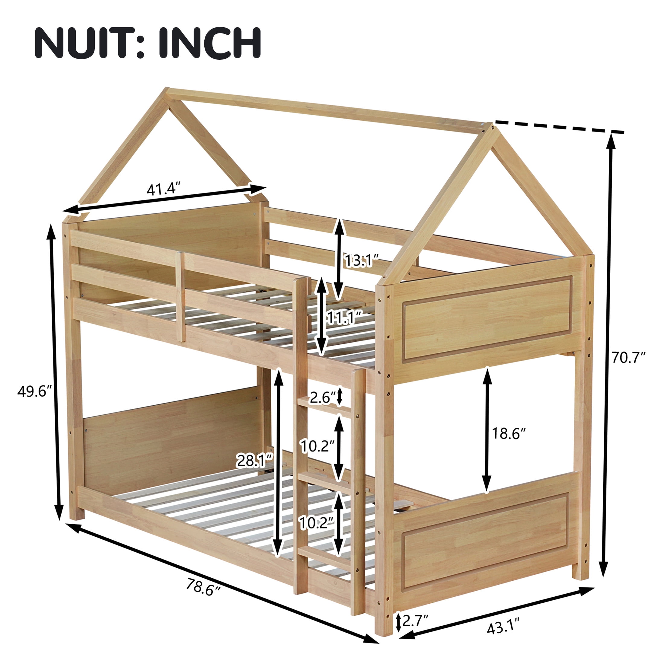 Aukfa Heavy Duty Junior House Bunk Bed with Full-Length Guardrail, Twin Over Twin Bunk Bed Frame, Oak