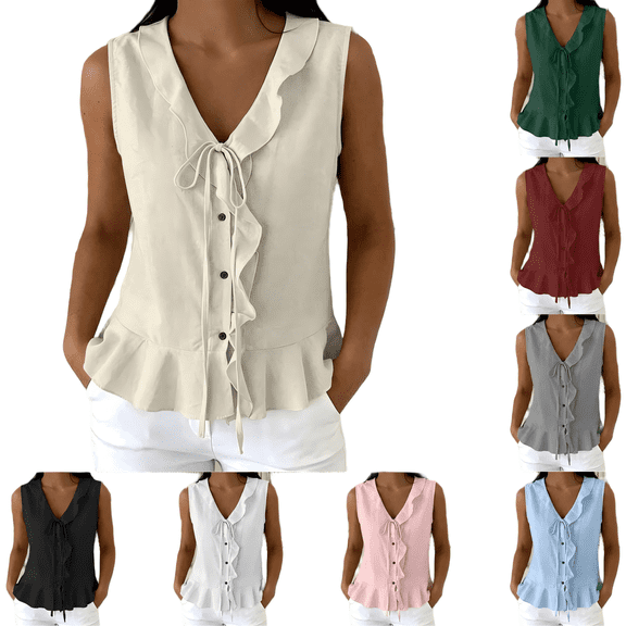 Tqcoqu Womens Button Front Tank Top Y2k Sleeveless Ruffle V Neck Blouse Going Out Vest Shirt,Army Green Women's S-XXL