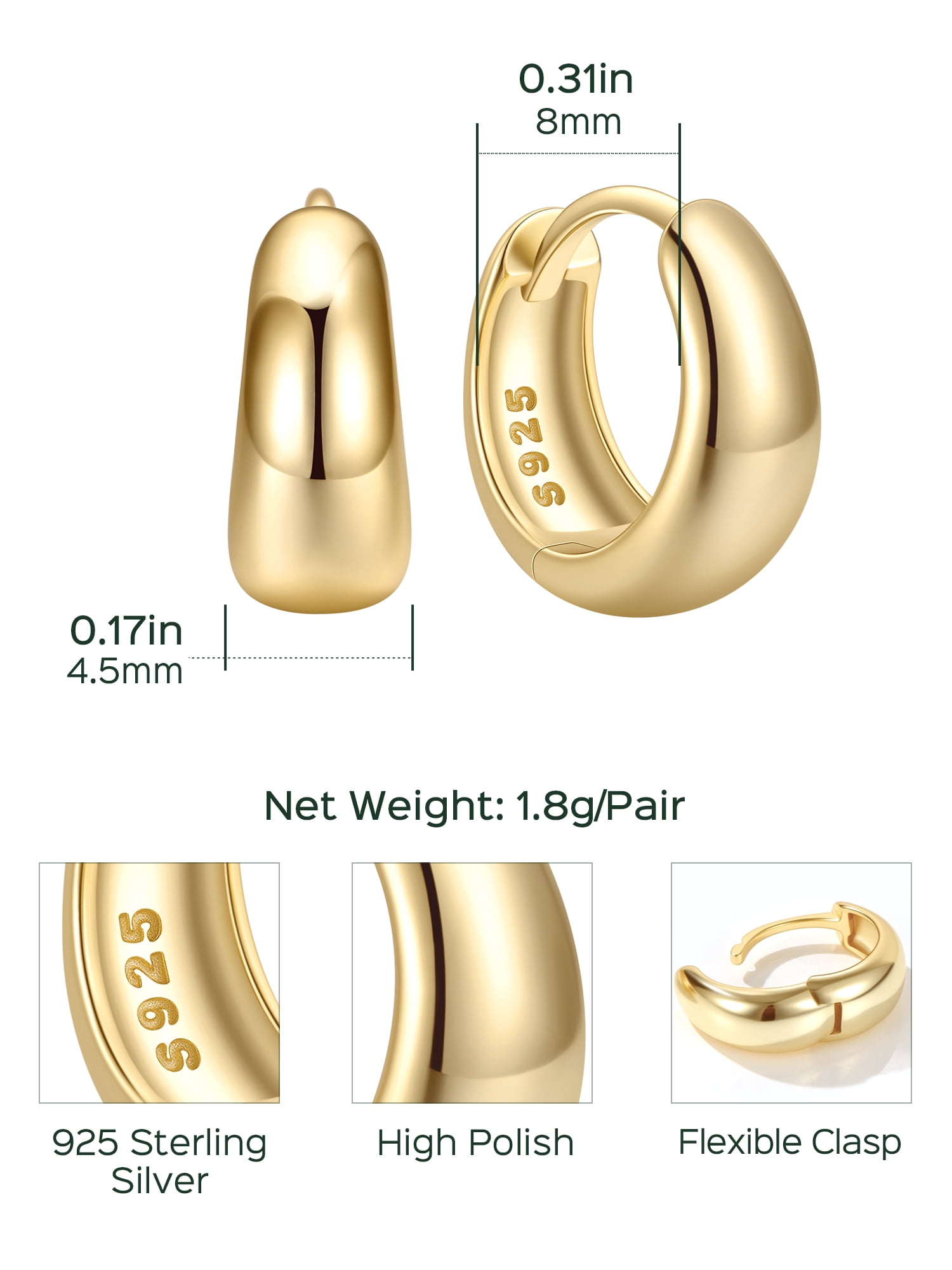 ChicSilver Solid 925 Sterling Silver Earrings Small Chunky Silver Earrings for Women 14K Gold Plated Small Hoop Earrings Silver Hypoallergenic Earrings Small Thick Huggie Hoops Earrings