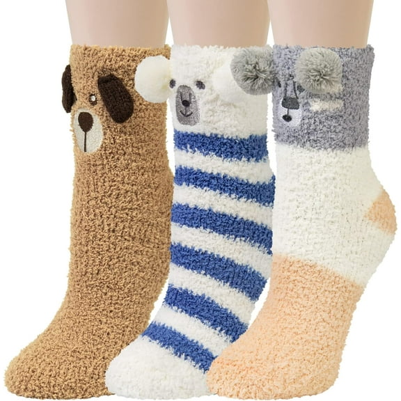 3 Pairs Womens Fuzzy Socks Winter Warm Fluffy Soft Slipper Home Sleeping Cute Animal Socks