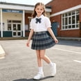 thumbnail image 2 of Cotton Two Piece Skirt Set for Girls Summer Puff Sleeve Collared Top Plaid Skirt Bow Tie Preppy School Uniform Outfit for Class Photos Party Recital, 2 of 6