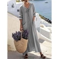 thumbnail image 4 of Women's Linen Maxi Dress, V Neck Bow Tie Detail Midi Dress with Pockets, Cotton Linen Beach Cover Up for Brunch, Travel and Summer Vacation Grey M, 4 of 5